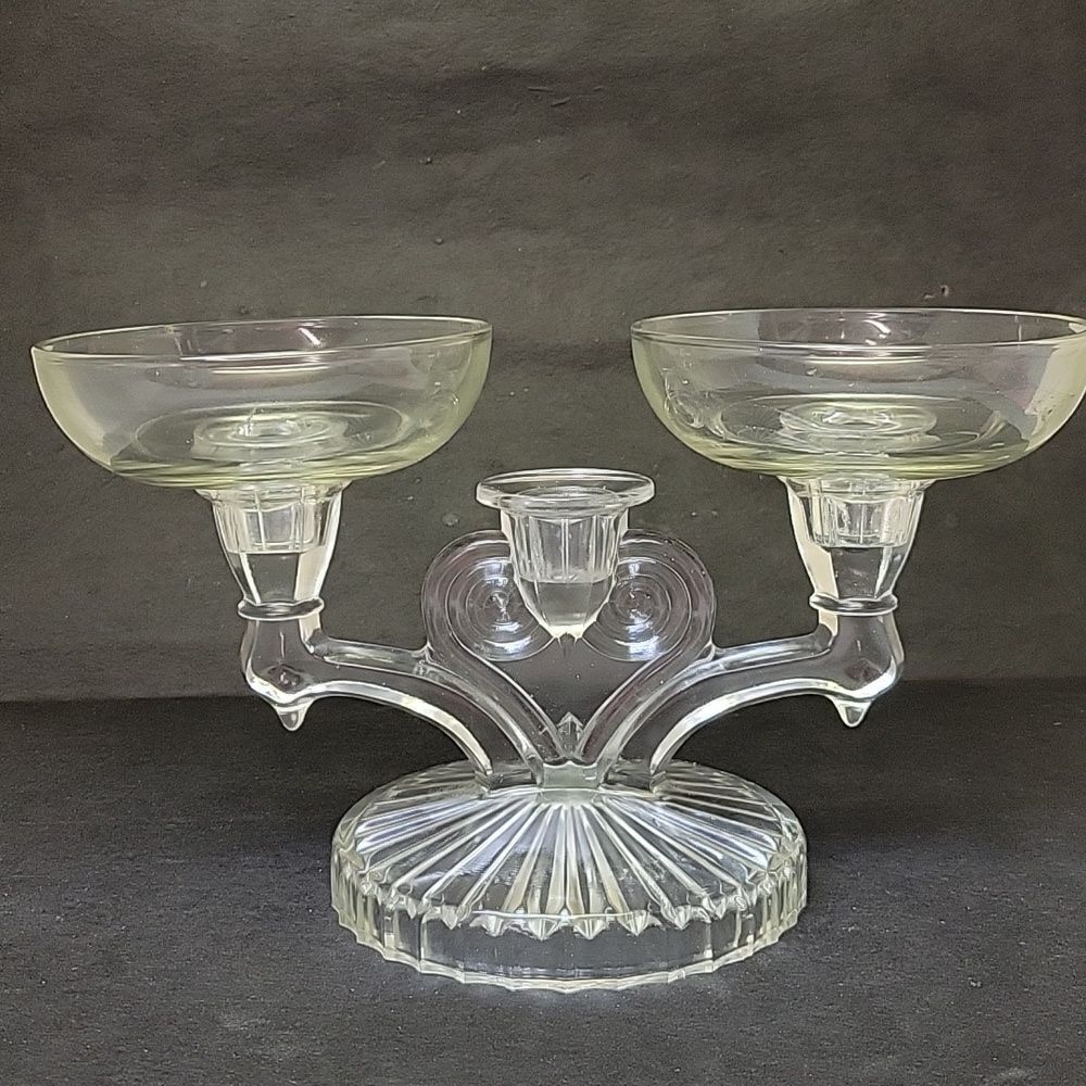 Vintage Jeannette Glass COSMOS Triple Candle Candlestick Clear Glass Candelabras